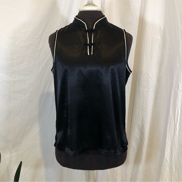 Vintage Tops - Vintage 1990s Jones NY Satin Sleeveless Blouse w/ Mandarin Collar & Toggle Clasp